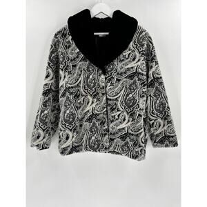 Vintage Duffel Outdoor Jacket Womens Medium Black White Paisley Fleece Buttons